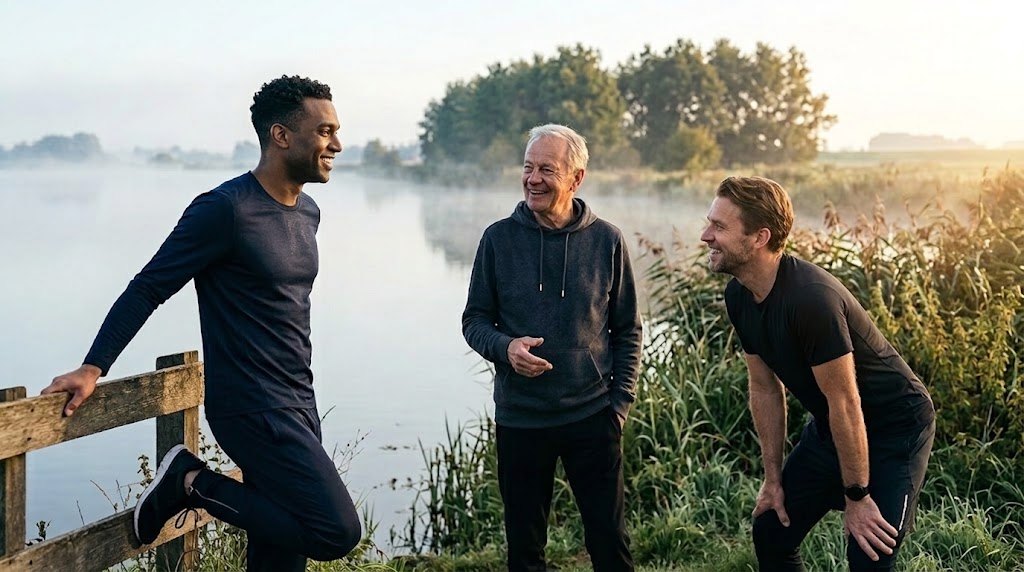 Drie mannen van verschillende leeftijden in gesprek langs het water op een mistige ochtend