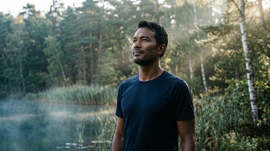 Man aan een meer in het bos